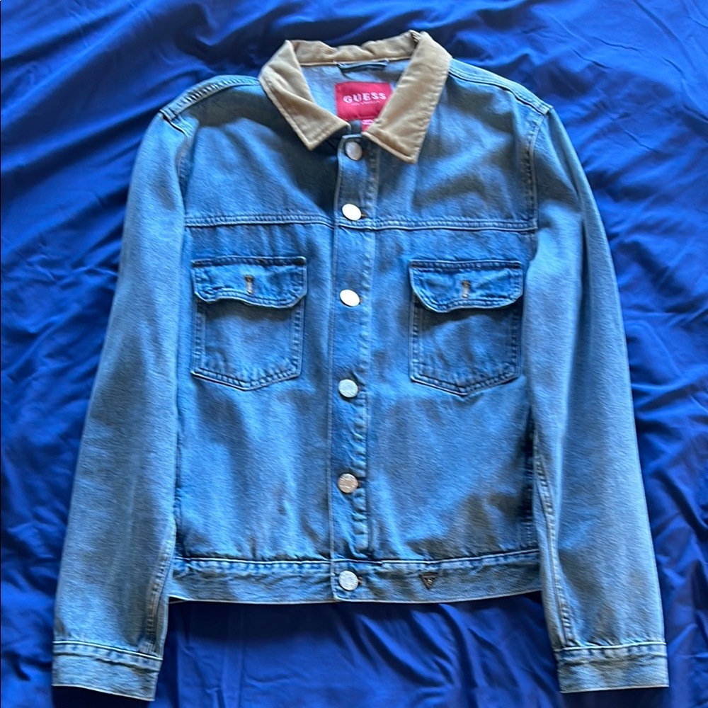 GUESS Denim Trucker Jacket with Tan Collar